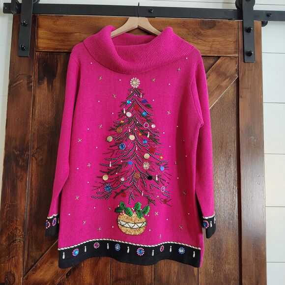Vtg BP Design Christmas Tree Sweater Embellished Beaded Flashy Colorful Large - Picture 1 of 11